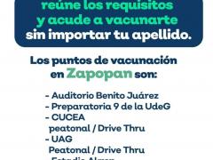 Flyer con sedes y horarios de vacunación para adultos mayores de Guadalajara, Tlaquepaque, Tonalá y Zapopan.