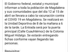 Publicación de horarios para aplicación de vacuna en Magdalena, Jalisco.