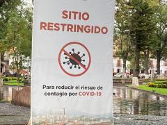 Lona que muestra al virus causante del COVID-19 e informa que el área es restringida. Fotografía: Gloria Elisa Melgarejo García