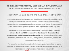 Comunicado del decreto que prohíbe la venta del alcohol el 15 de septiembre, en Zamora.