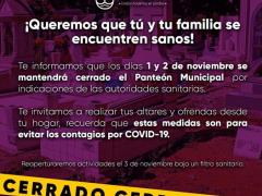 Anuncio del gobierno municipal de Jacona sobre cierre de Panteón Municipal.