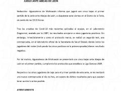 Comunicado oficial del equipo de baloncesto Aguacateros sobre casos COVID, octubre de 2020.