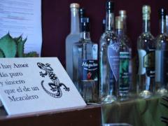 Diferentes mezcales con letrero. Fotografía: Mariana Luna.