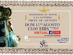 Cartel que invita a la población a participar de una misa virtual en honor a la Santa Virgen de la Asunción.