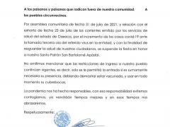 Comunicado donde se anuncia la cancelación de la fiesta de San Bartolomé Zoogocho, Villa Alta, Oaxaca. Productor: H. Ayuntamiento Constitucional de San Bartolomé Zoogocho, Villa Alta, Oaxaca.