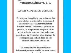 Aviso de suspensión de servicios, Autotransportes Benito Juárez S.C.L., Oaxaca.
