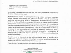 Comunicado que restringe el acceso a la comunidad por tiempo indefinido, San Juan Tabaá, Villa Alta, Oaxaca.