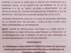 Comunicado que informa a la población mayor de 18 años sin vacunarse que puede registrarse, Santiago Suchilquitongo, Oaxaca.