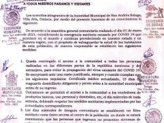 Comunicado emitido por la autoridad municipal de San Andrés Solaga, Villa Alta, Oaxaca, sobre las restricciones de acceso a la comunidad.