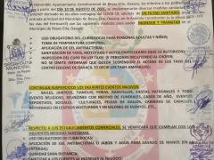 Primera página del comunicado en la que indica implementación del filtro sanitario, las medidas obligatorias para el libre tránsito dentro del municipio, la suspensión de eventos masivos y las medidas obligatorias para establecimientos comerciales.