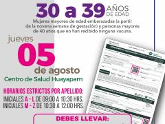 Aplicación de 1a dosis AstraZeneca vacuna contra COVID-19, 30 a 39 años de edad. Facebook Municipio de San Andrés Huayapam.