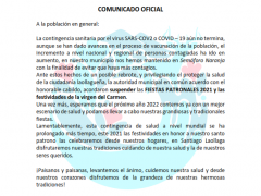 Comunicado oficial sobre cancelación de fiestas patronales y festividades de la virgen del Carmen. Facebook Municipio de Santiago Laollaga.