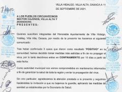Comunicado oficial del Ayuntamiento de Villa Hidalgo Yalalag, Oaxaca.