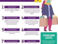 Infografía Compras responsables. Son un compilado de recomendaciones para prevenir la propagación de la pandemia de COVID-19 al momento de realizar compras. Esto tiene un enfoque de orden sanitario y cívico pues son aspectos como mantener la higiene de las superficies pero también de hacer compras inteligentes y mesuradas. Secretaría de Salud del Estado de Oaxaca.