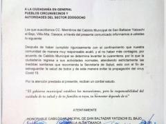 Comunicado de San Baltazar Yatzachi El Bajo que levanta formalmente la cuarentena al no incremetar el registro de contagios.