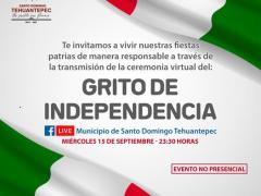 Invitación del Municipio de Santo Domingo a la transmisión en vivo del Grito de Independencia.