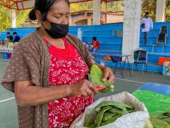 Mujer, con cubrebocas, limpia nopales, “mercadito” de Guelatao, Oaxaca. Fotografía: Facebook Agenda Oaxaca.
