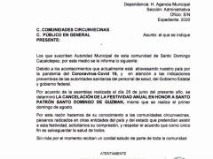 Comunicado sobre cancelación de la Festividad anual en honor a Santo Domingo de Guzmán.