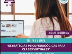 Flyer Taller en línea Estrategias psicopedagógicas para clases virtuales. Facebook Silvana A.C.