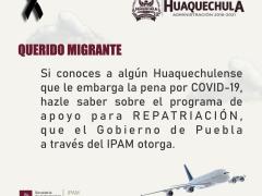 Aviso del Ayuntamiento de Huaquechula, sobre inicio de la segunda etapa del Programa de Repatriación de Cenizas de Víctimas del COVID-19. Productor: H. Ayuntamiento de Huaquechula 2018-2021.