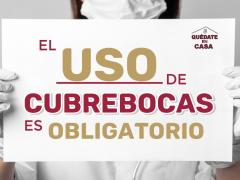 Cartel El uso de cubrebocas es obligatios. Facebook: H. Ayuntamiento de Huaquechula 2018-2021.