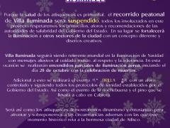 El Comité de Villa Iluminada comunica suspensión peatonal de la Villa Iluminada, esto para evitar el contagio de COVID-19. Imagen: Comité de Villa Iluminada.
