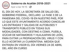 Comunicado del Ayuntamiento de Acatlán de Osorio sobre entradas y salidas de transporte público.