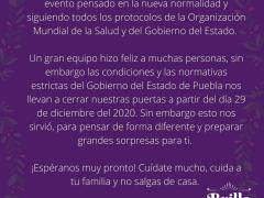Comunicado de Brilla Fest, sobre cierre de sus puertas debido al alza de casos de coronavirus en el Estado de Puebla. Facebook: BrillaFest.