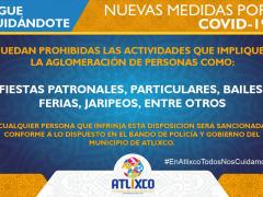 Nuevas medidas por COVID-19. Quedan prohibidas actividaes que impliquen aglomeración. Twitter Ayuntamiento Atlaxco