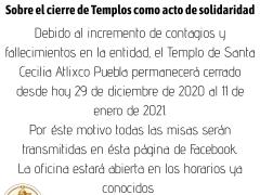 Comunicado con cierre del templo de Santa Cecilia en Atlixco. Imagen: Templo San Agustín-Atlixco.