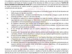Comunicado oficial con medidas implementadas por el Ayuntamiento de Huaquechula, esto por la alerta máxima al número de contagios Covid-19 en el Estado de Puebla. Productor: H. Ayuntamiento de Huaquechula 2018-2021.