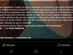 Captura de pantalla de una publicación en redes sociales de Romi Sandoval.