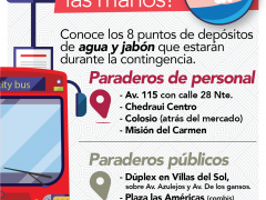 Cartel que ubica los 8 lavamanos colocados en paraderos de personal y pasajeros del transporte público. Ayuntamiento de Solidaridad (2018-2021)