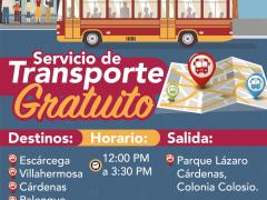 Cartel Servicio de Transporte Gratuito con destinos, horarios y puntos de salida, del transporte gratuito que ha proporcionado el Ayuntamiento de Solidaridad para usuarios durante la contingencia sanitaria por COVID-19.