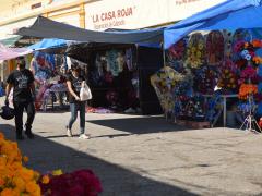Comercios de flores y coronas en una calle cercana al cementerio. Fotografía: Código San Luis.