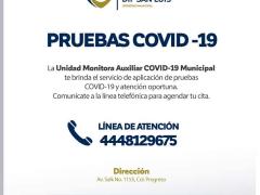 Aviso Pruebas COVID-19, Unidad Monitora Auxiliar COVID-19 Municipal. Twetter H. Ayuntamiento de San Luis PotoSí.