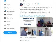Publicación en Twetter del Ayuntamiento de San Luis Potosí que anuncia unidad móvil de pruebas COVID-19.