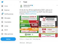 Publicación del Gobierno de SLP sobre cifras COVID-19.