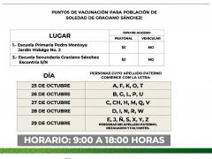 Instalaciones y horarios para la aplicación de la segunda dosis en Soledad de Graciana Sánchez, San Luis Potosí.