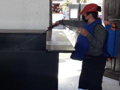 Mujer en labores de sanitización en San Luis Potosí. Fotografía: Tweete Gobierno Municipal S.L.P.
