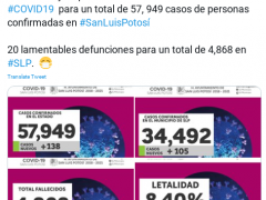 Publicación del Ayuntamiento de San Luis Potosí sobre nuevos casos de COVID-19.