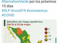 Publicación San Luis Potosí forman partes de los estados que cambiaron a semáforo verde. Twitter El Apuntamor MX.
