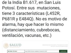 Publicación sobre variante India en SLP. Twitter Alejandro Macias.