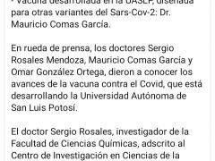 Publicación sobre desarrollo de vacuna anti COVID-19 por la UASLP.