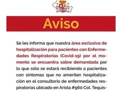 Aviso sobre saturación área hospitalización COVID-19. Facebook: La Ben San Luis.