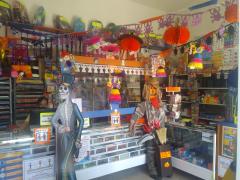 Papelería con división para prevenir contacto aeróbico decorada por Día de Muertos, Calle Luis Sánchez Armijo 503, Centro de Matehuala, San Luis Potosí. Fotografía: Lía Fernanda Rodríguez Cerrillo.