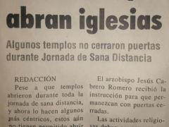 Nota sobre templos no cerrados durante Jornada de Sana Distancia, Cerritos, San Luis Potosí.