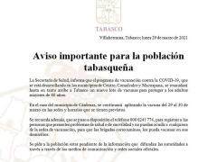 Aviso del Gobierno de Tabasco y la Secretaría de Salud.