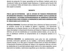 Decreto por el que se determina que el Estado de Tabasco permanecerá en semáforo naranja. Periódico Oficial.