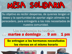 Flyer Recuerda que en estos momentos difíciles continúa la Mesa Solidaria. Facebook: Parroquia San Joaquín y San Ana.